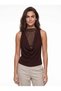 Bitter Brown Stretchy Lycra Fabric Collar Short Sleeve Draped Front and Back Lace Detailed Blouse - 2