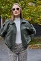 Green Velvet Fabric Zipper Detail Off-Shoulder Oversize Loose Wide Cut Comfortable Fit Coat - 3