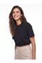 Black Viscose Blended Crew Neck Short Sleeve Elastic Waist Balloon Form Crop T-Shirt - 3