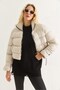 Beige Stand Collar Zippered Pocket Functional Cuffed Short Puffer Coat - 3