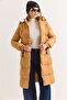 Tan Woven Fabric Long Sleeve Comfortable Fit Hooded Double Pocket Zipper Detailed Puffer Coat