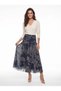 Navy Blue Polyester Fabric Draped Waist Detailed Lined Patterned Long Skirt - 2