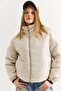 Beige Woven Fabric Stand Collar Drop Shoulder Relaxed Fit Inflatable Short Coat with Zipper Pockets - 3