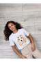 White Stretchy Fabric Crew Neck Short Sleeve Basic Form Dog Print T-Shirt with Sequin Detail