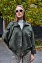 Green Velvet Fabric Zipper Detail Off-Shoulder Oversize Loose Wide Cut Comfortable Fit Coat - 2