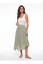 Green Cotton Muslin Crinkle Skirt with Elastic Waist, Asymmetrical Cut, Lined, Comfortable Fit - 4