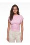 Pink Stretchy Fabric Boat Neck Blouse with Gathered Side Draping and Eyelet Button Detailing - 2