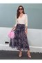 Navy Blue Polyester Fabric Draped Waist Detailed Lined Patterned Long Skirt