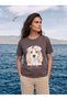 Brown Stretch Fabric Crew Neck Short Sleeve Basic Cut T-Shirt with Print and Sequin Detail