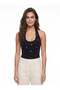 Black Stretchy Fabric Halter Neck Fitted Blouse with Metal Accessory Detail and Open Shoulders - 2