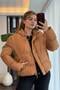Tan Lace-Up Hooded Standard Cut Inflatable Form Coat with Zipper and Snap Detail - 2