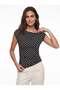 Black and White Lycra Stretch Fabric Degaje Collar Short Sleeve Polka Dot Patterned Side Gathered Blouse - 2