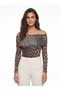 Leopard Stretchy Fabric Madonna Collar Long Sleeve Slim Fit Patterned Knitted Blouse - 2