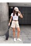 Beige Cotton Viscose Blend Thin Linen Textured High Waist Shorts with Pocket Detail and Belt