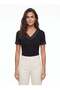 Black Viscose Lycra V-Neck Fitted Short Sleeve Blouse with Lace Detail and Soft Texture - 2