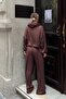Brown Hooded Zippered Crop Top and Elastic Waist Sweatpants Women's Modal Bottom-Top Set - 5