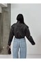 Women's Brown Crop Leather Look Utility Bomber Jacket Brown - 6