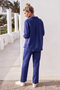 Dark Blue Shirt Collar Cuffed Sleeves Elastic Waist Tencel Fabric Woven Bottom Top Set 68-104 67-60 - 8