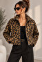 Women's Leopard Patterned Stand Collar Zippered Crop Coat with Pockets