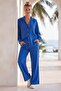 Saks Blue Shirt Collar Cuffed Sleeves Elastic Waist Tencel Fabric Woven Bottom Top Set 68-104 67-60