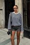 Black Thin Crew Neck Striped Loose Slim Long Sleeve Women's T-Shirt - 3