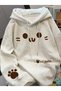 Cat Printed Gray Hooded Sweatshirt for Women