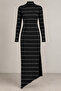 Women's Black and White Patterned Turtleneck Long Dress with Side Slits and Asymmetrical Cut - 3