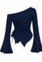 Navy Blue Long Sleeve Asymmetric Collar Draped Side Tie Blouse Top - 2