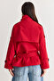 Women's Red Lined Stand Collar Double Button Detailed Belted Short Trench Coat 2106 60286572 - 7