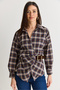 Women's Navy Blue V-Neck Plaid Patterned Belt Detailed Shirt 2350 60286567 - 2
