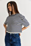Women's Navy Blue-Ecru Striped Crew Neck Short Sleeve Mercerized Knitwear Blouse 2886 60286573 - 4