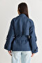 Women's Navy Blue Plaid Patterned Lined Belted Pocket Detailed Water Repellent Trench Coat 1124 60286562 - 8