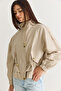 Women's Beige Lined Stand Collar Drawstring Waist Pocket Detailed Short Raincoat 2954 60286575 - 6