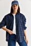 Women's Gray-Navy Oversize Plaid Patterned Lumberjack Shirt Dg261035 60286552