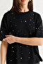 Women's Black Crystal Stone Printed Oversize Mercerized Short Sleeve Blouse 2905 60286568 - 6