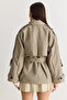Women's Khaki Plaid Patterned Lined Belted Pocket Detailed Water Repellent Trench Coat 1124 60286562 - 7