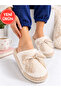 Women's Plush Lace Bow Detailed Winter House Slippers Dowry Slippers Gift Slippers Stc1368