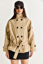 Women's Beige Lined Stand Collar Double Button Detailed Belted Short Trench Coat 2106 60286572 - 5