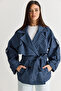 Women's Navy Blue Plaid Patterned Lined Belted Pocket Detailed Water Repellent Trench Coat 1124 60286562