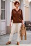 Brown V-Neck Cuffed Sleeves Thin Sequined Hem Ribbed Casual Knitwear Sweater 65 60 - 4