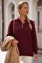 Burgundy Polo Collar Long Sleeve Metal Buttoned Thin Sequined Ribbed Hem Casual Knitwear Sweater 66 62