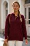 Burgundy Polo Collar Long Sleeve Metal Buttoned Thin Sequined Ribbed Hem Casual Knitwear Sweater 66 62 - 3