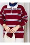 Women's Striped Polo Collar Knitwear Sweater Oversize Half Placket Buttoned Sweater - 5