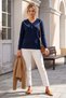 Navy Blue V-Neck Cuffed Sleeves Thin Sequined Hem Ribbed Casual Knitwear Sweater 65 60 - 4