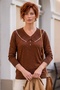 Brown V-Neck Cuffed Sleeves Thin Sequined Hem Ribbed Casual Knitwear Sweater 65 60