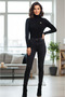 Women's Black Full Fisherman Neck Corded Fabric Flexible Soft Woven Slim Knitwear Sweater Body Blouse - 2