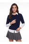 Navy Blue Acrylic Textured Crew Neck Half Sleeve Hair Knit Detailed Shirt-Looking Knitwear Sweater