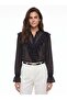 Black Transparent Chiffon Fabric High Collar Buttoned Front Design Flowy Shirt with Flounce Detail - 2