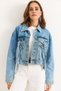 Blue Cotton Woven Fabric Off-Shoulder Cropped Buttoned Denim Jacket with Pocket Detail - 2