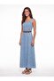 Blue Cotton Denim Wide Collar Relaxed Fit Flared Dress with Thick Straps and Faux Leather Belt - 3